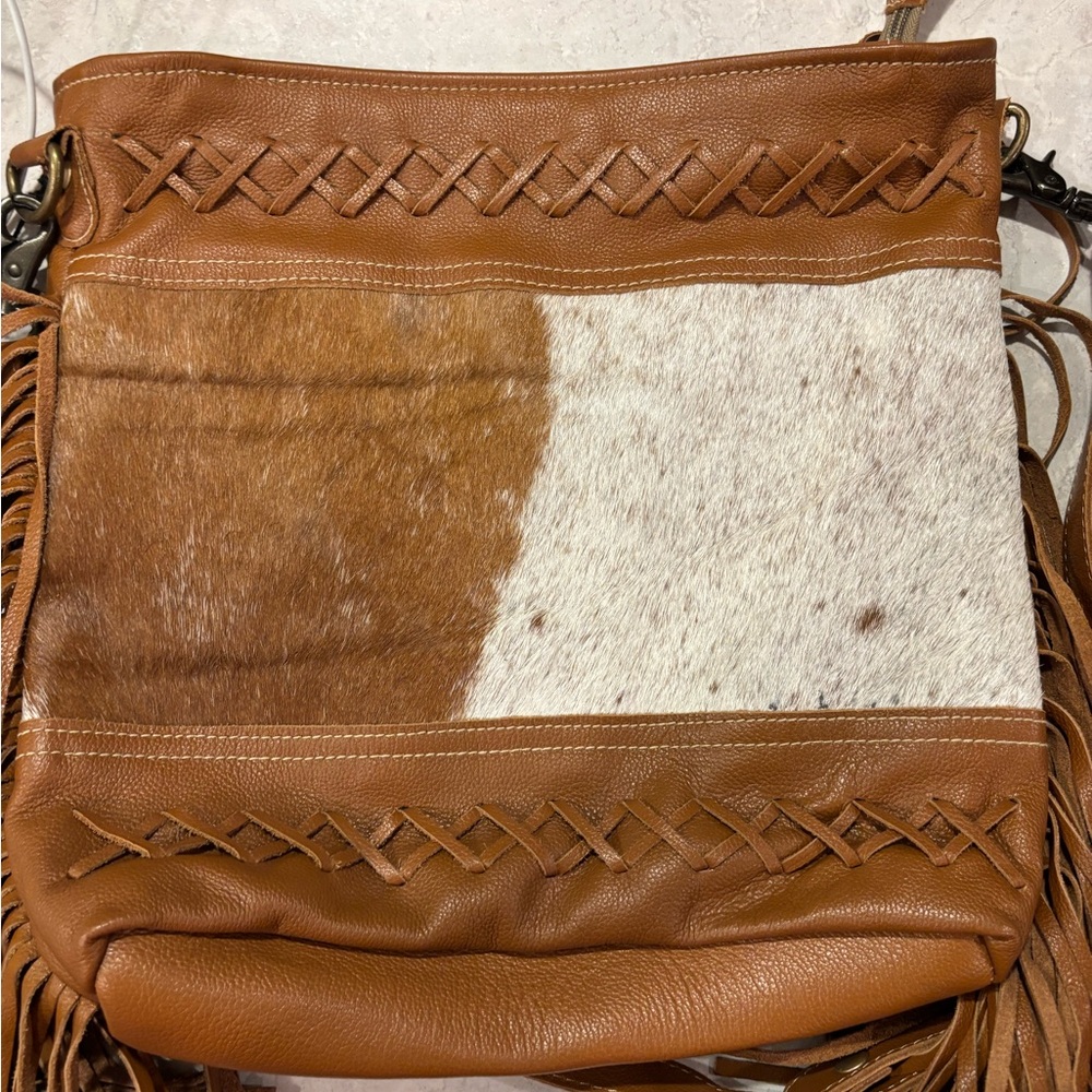 Myra Bag Tan and White Crossbody with Fringe